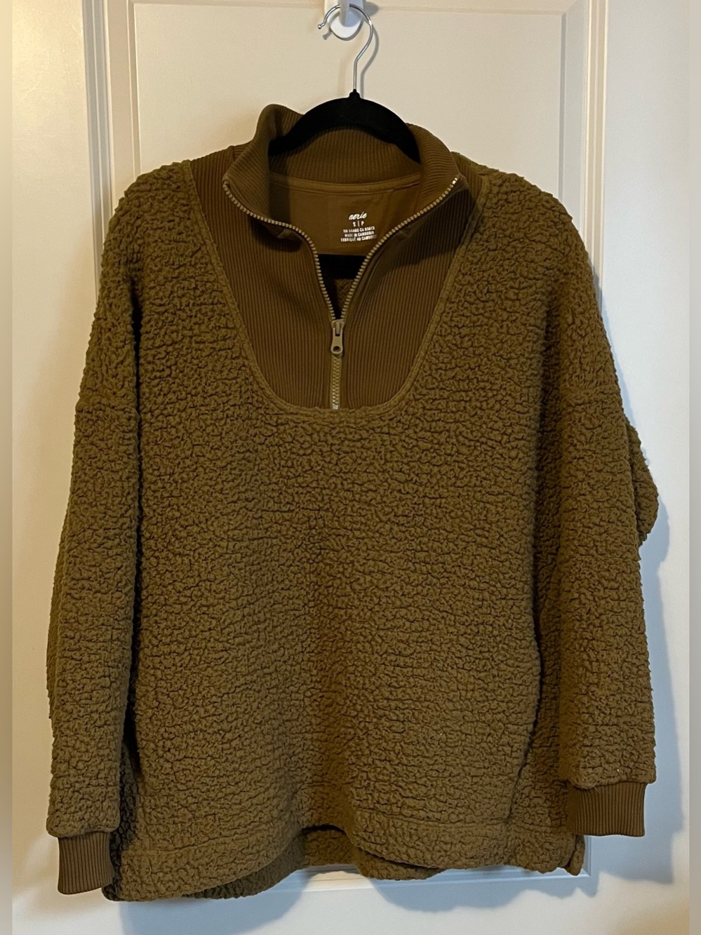 Aerie Sherpa Fleece Olive Brown Quarter-Zip Pullover Oversized Small - Picture 2 of 6